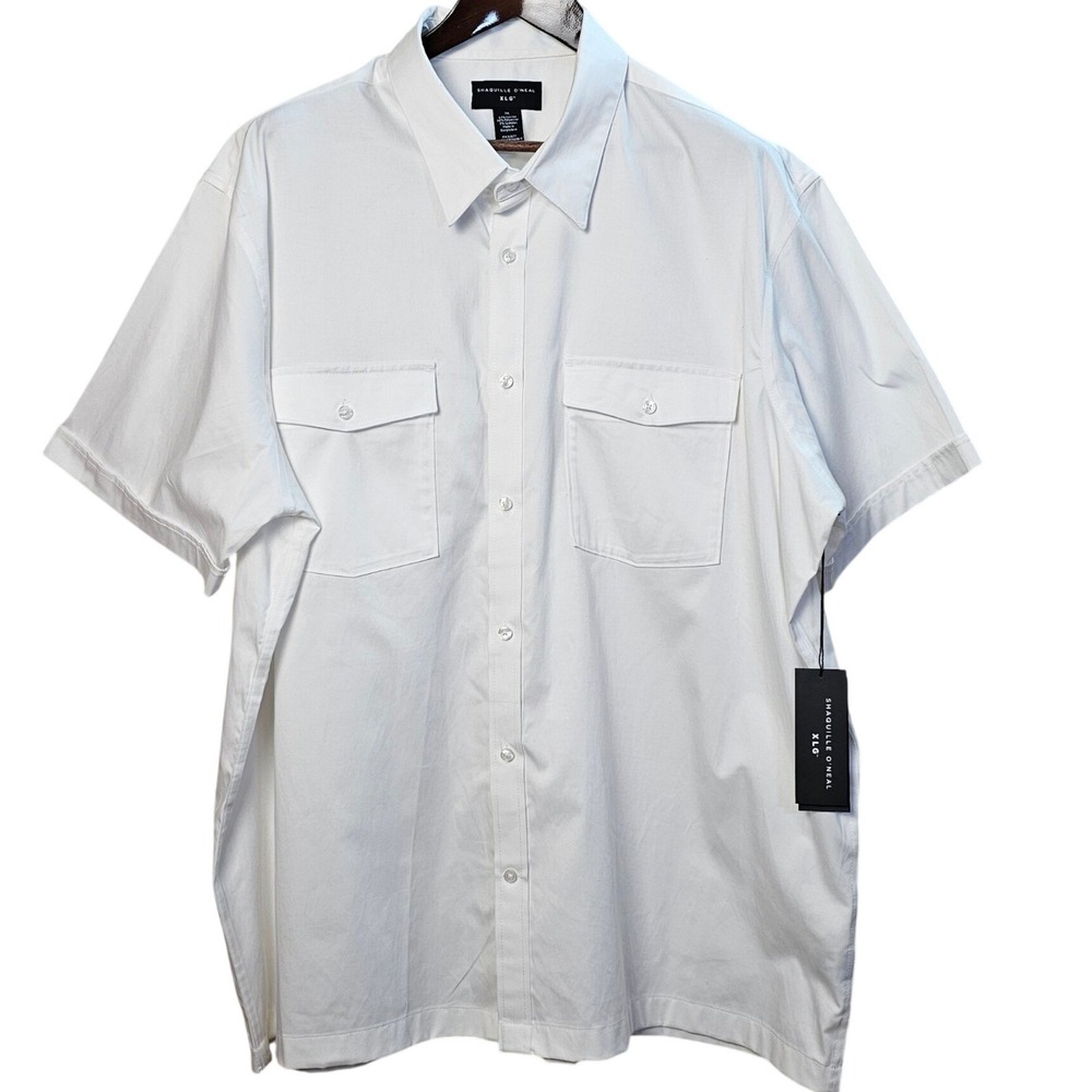 Shaquille O'Neal XLG Mens‎ 2XL White Short Sleeve Button Down Shirt Stretch New